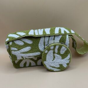 Green and White Beaded Women Bag Set